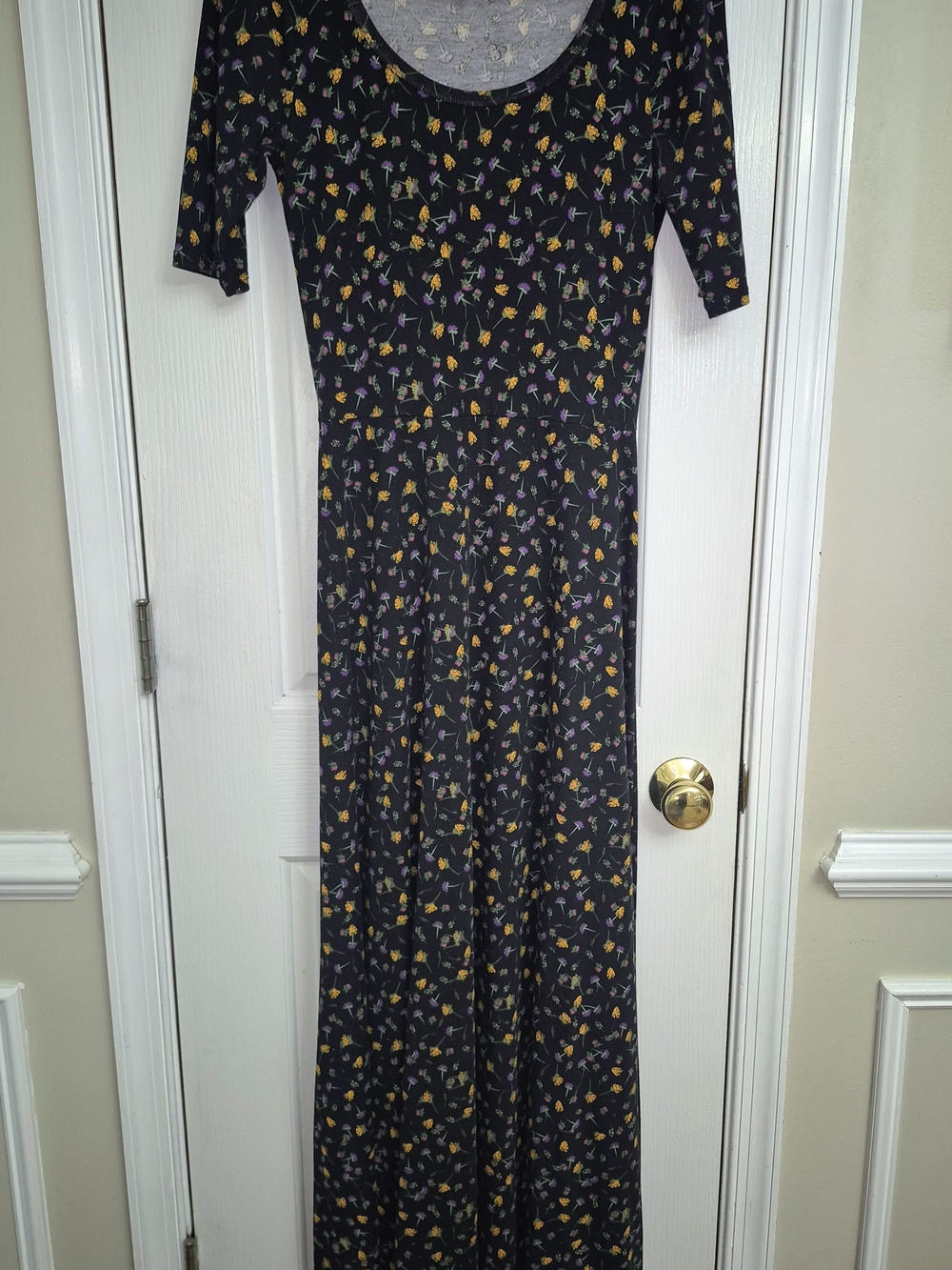 LuLaRoe Black Maxi Dress with Yellow and Purple Floral Print